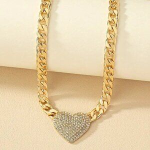 Heart-Shaped Rhinestones Pendant with Cuban Chain Necklace